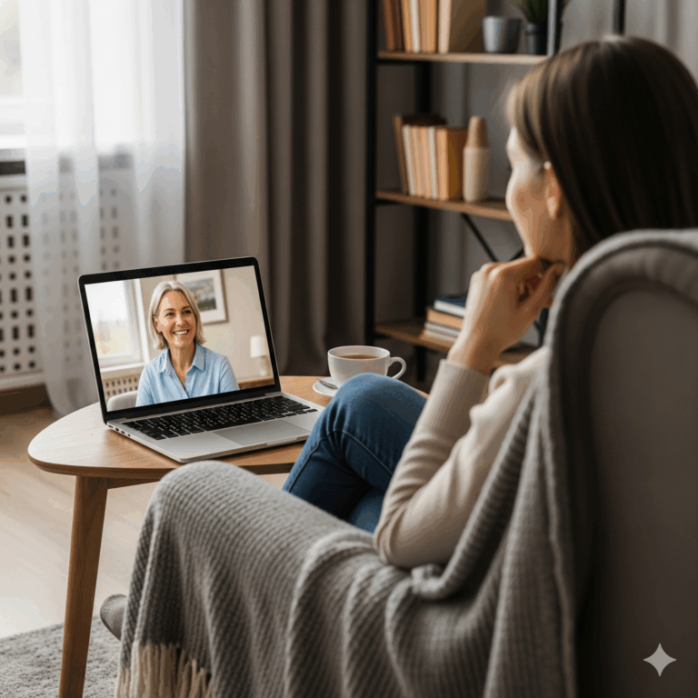 A women participating in online therapy