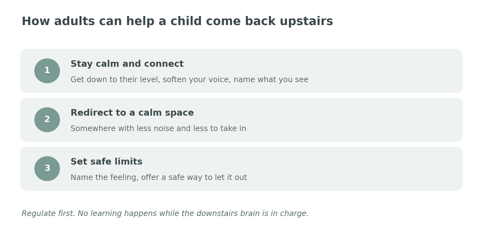 Three steps for adults: stay calm and connect, redirect to a calm space, and set safe limits