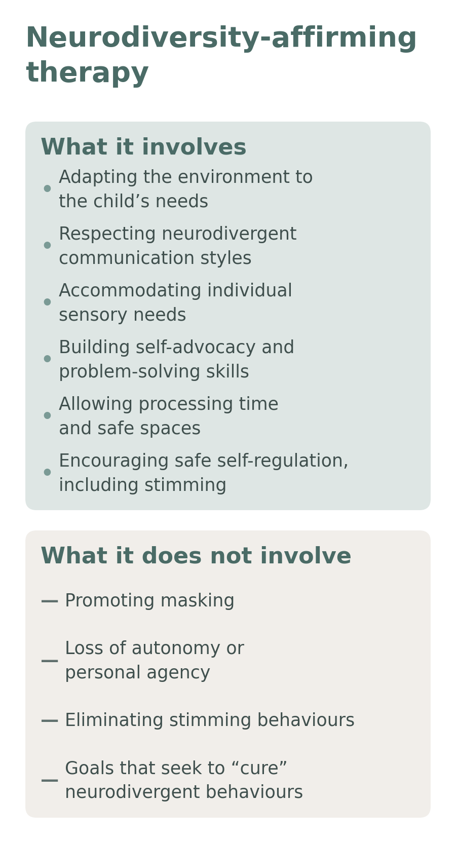 Two panels setting out what neurodiversity-affirming therapy involves and what it does not involve