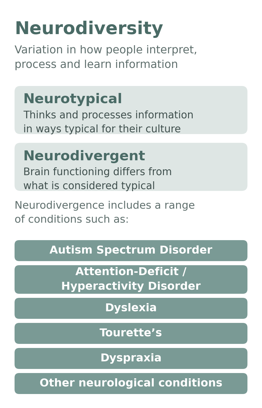 Neurodiversity split into two subgroups, neurotypical and neurodivergent, with six conditions listed underneath
