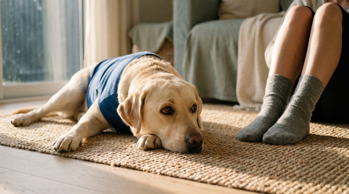 A yellow Labrador retriever in a blue therapy vest lying on a rug, looking up at a person seated nearby