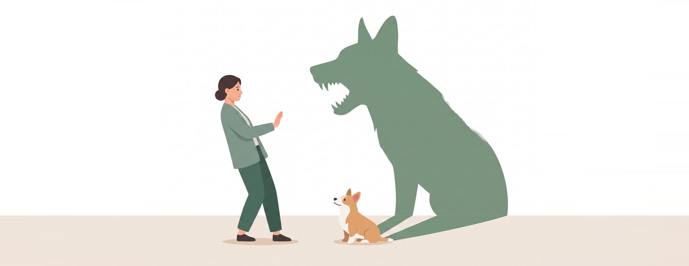 A person stepping back from a small calm dog whose shadow looms over the scene, far larger than the animal itself