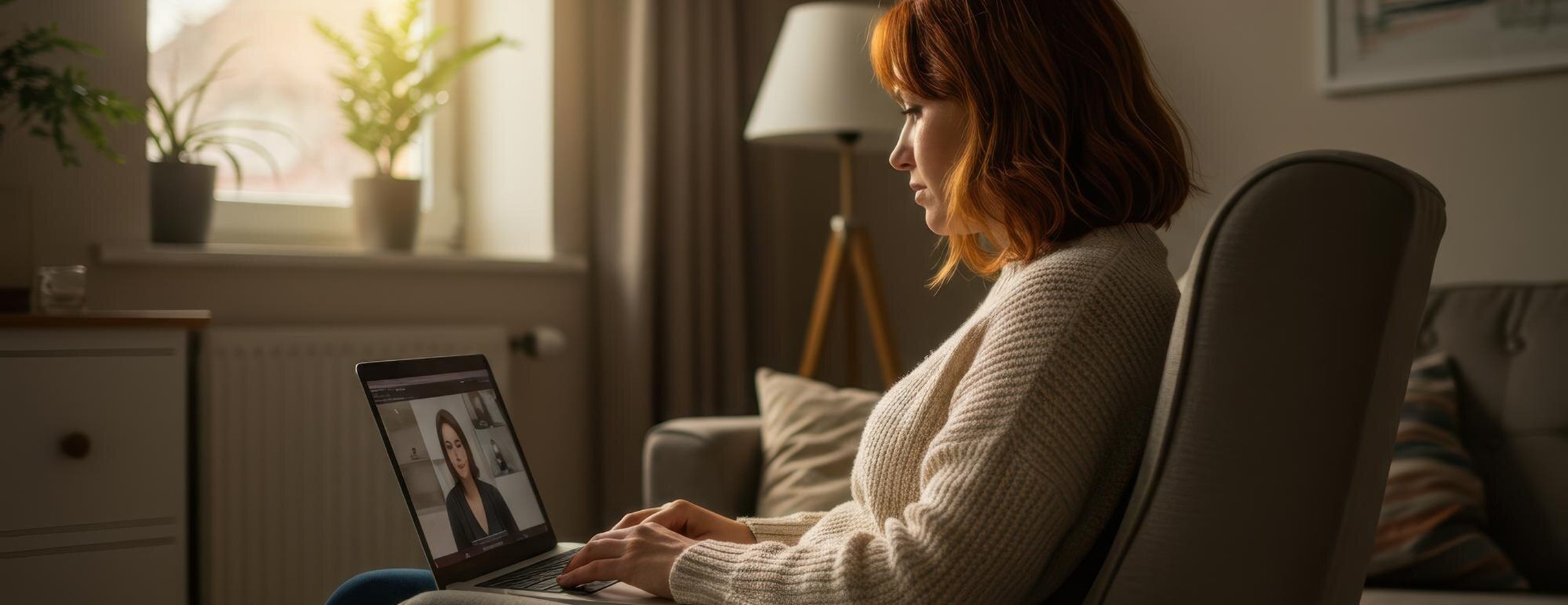A woman in an armchair at home talking to a psychologist through a laptop