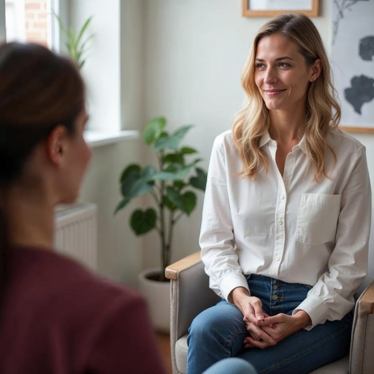 A psychologist listening to a client during a session in a consulting room