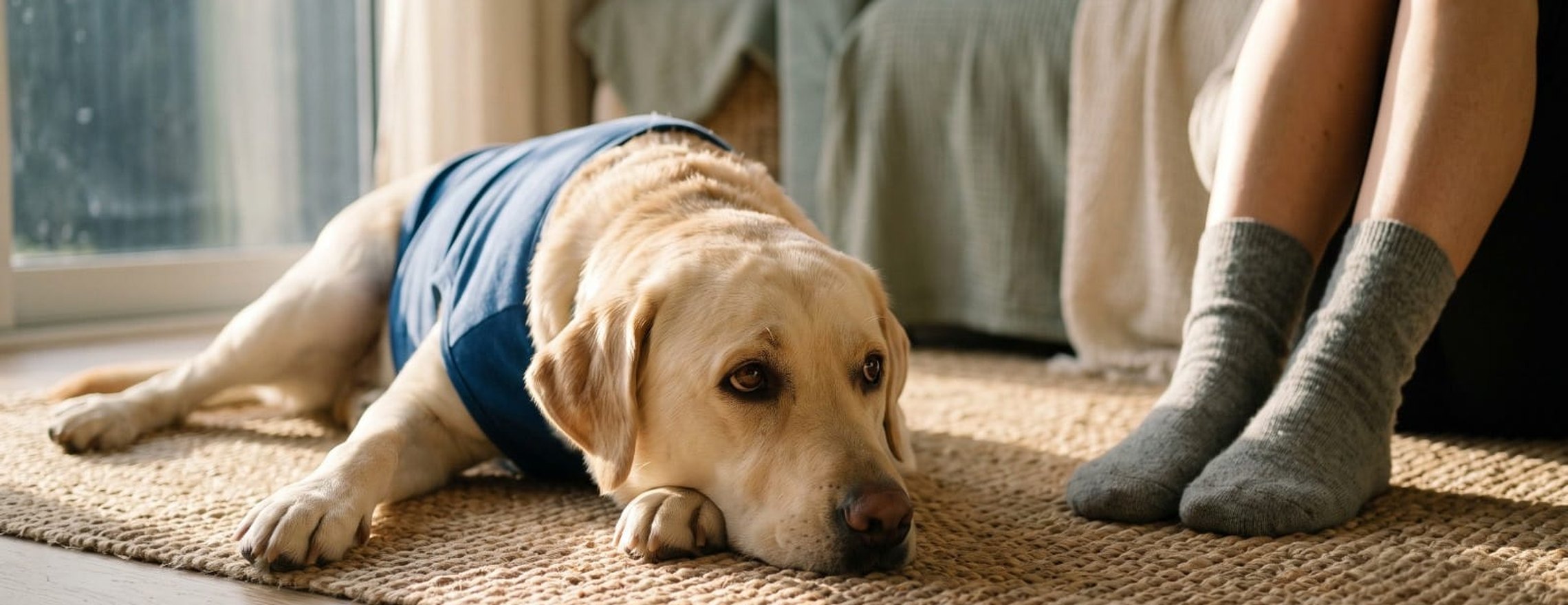 A yellow Labrador in a blue therapy vest lying on a rug beside a person sitting on the floor