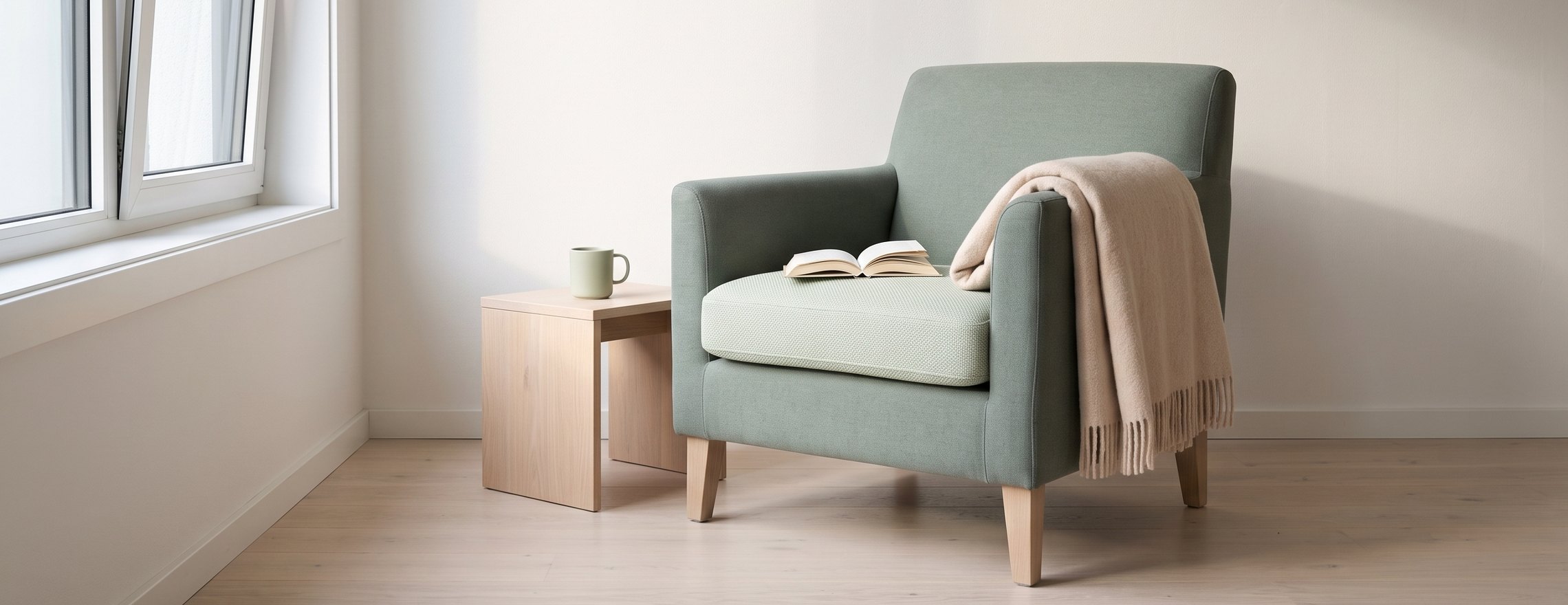 An empty armchair by a window with an open book, a folded blanket and a mug on a side table