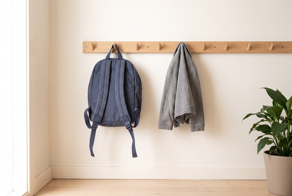 A small school backpack and a jacket hanging on a low timber rail by a wall