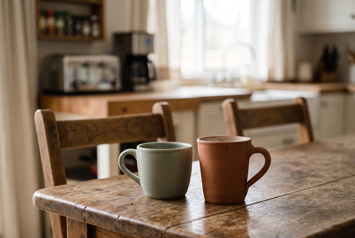 Two mismatched mugs left on a worn timber kitchen table, with two chairs behind