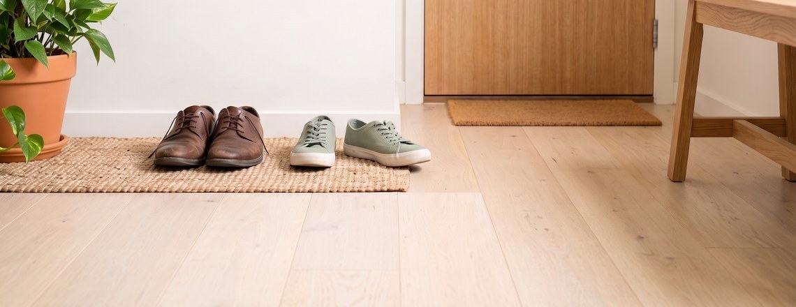 Two pairs of shoes placed side by side on a mat by the front door of a home