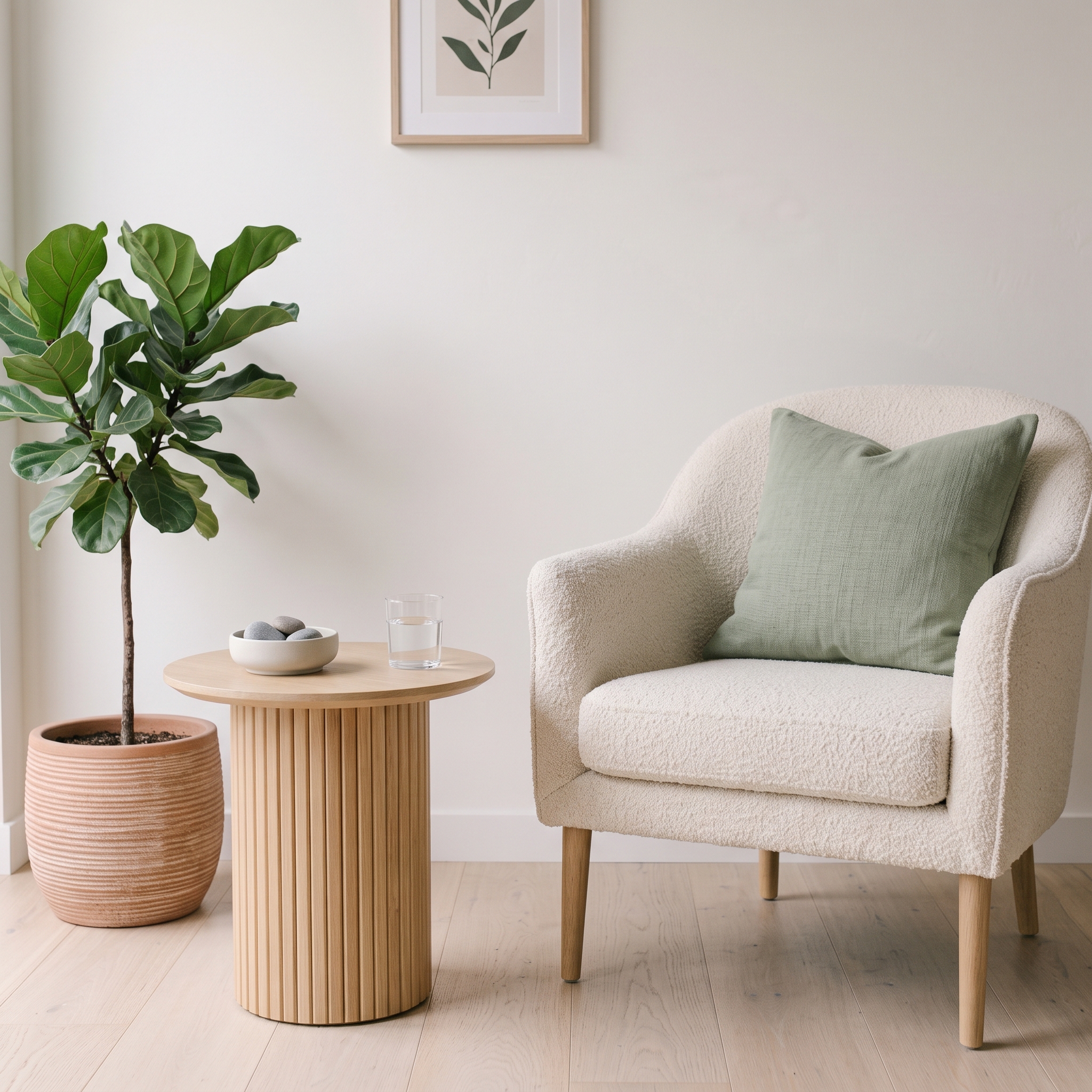 A quiet waiting corner with an armchair, side table and plant in a psychology clinic