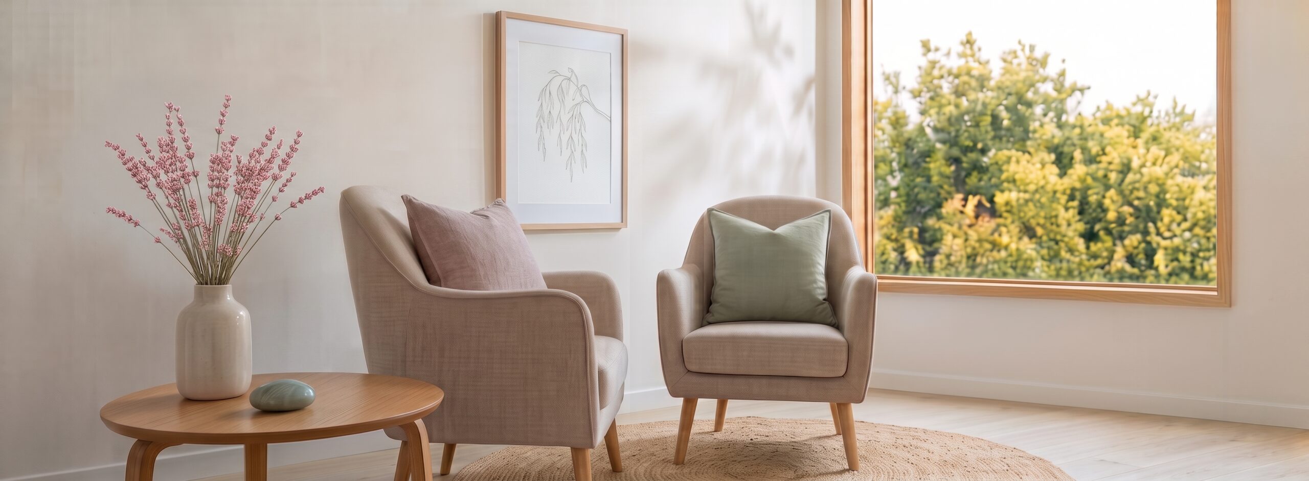 Two armchairs facing each other beside a window in a calm consulting room