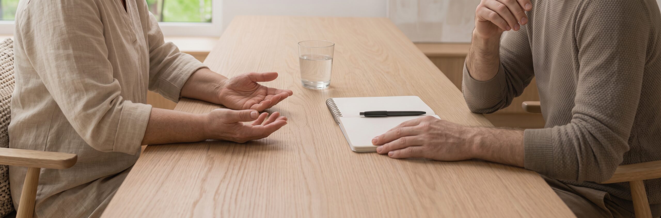 Two people talking across a table, one gesturing while the other listens beside an open notebook