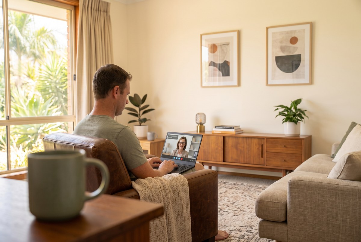 A man sitting in an armchair at home during a telehealth session on his laptop