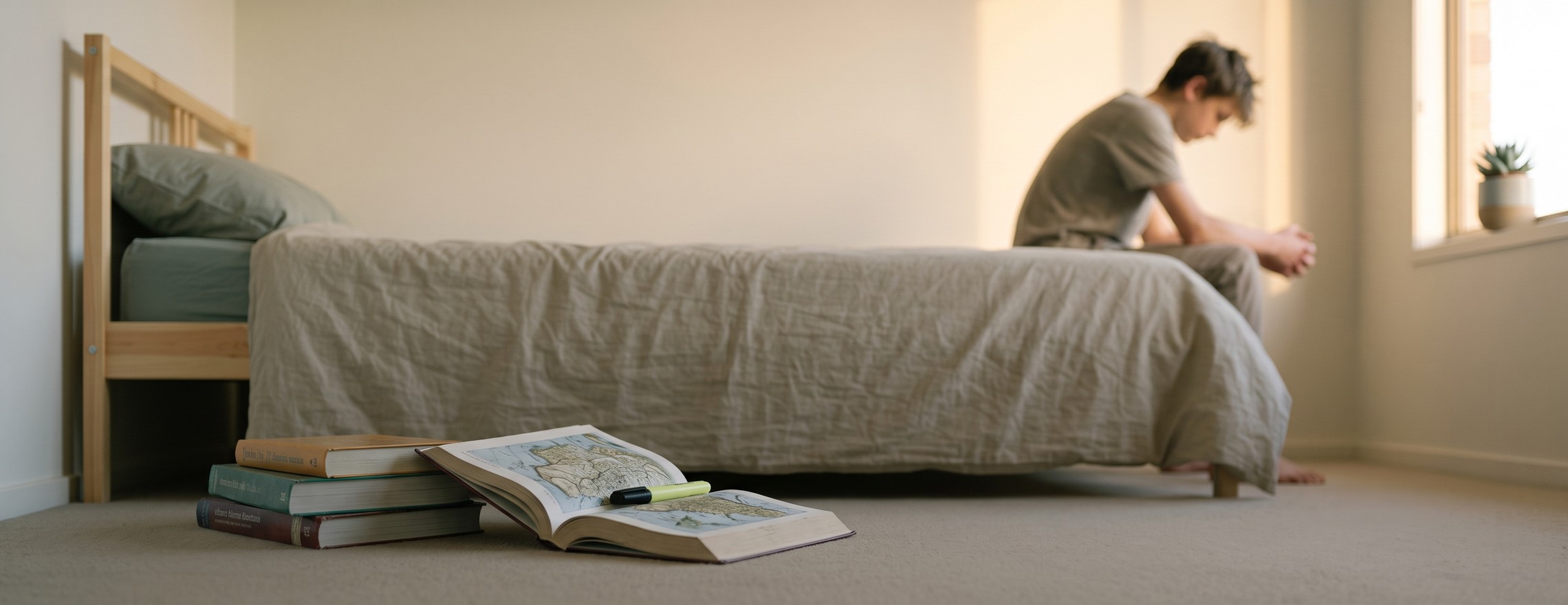 A stack of school textbooks on a bedroom floor, with a student sitting on the edge of the bed further away, out of focus