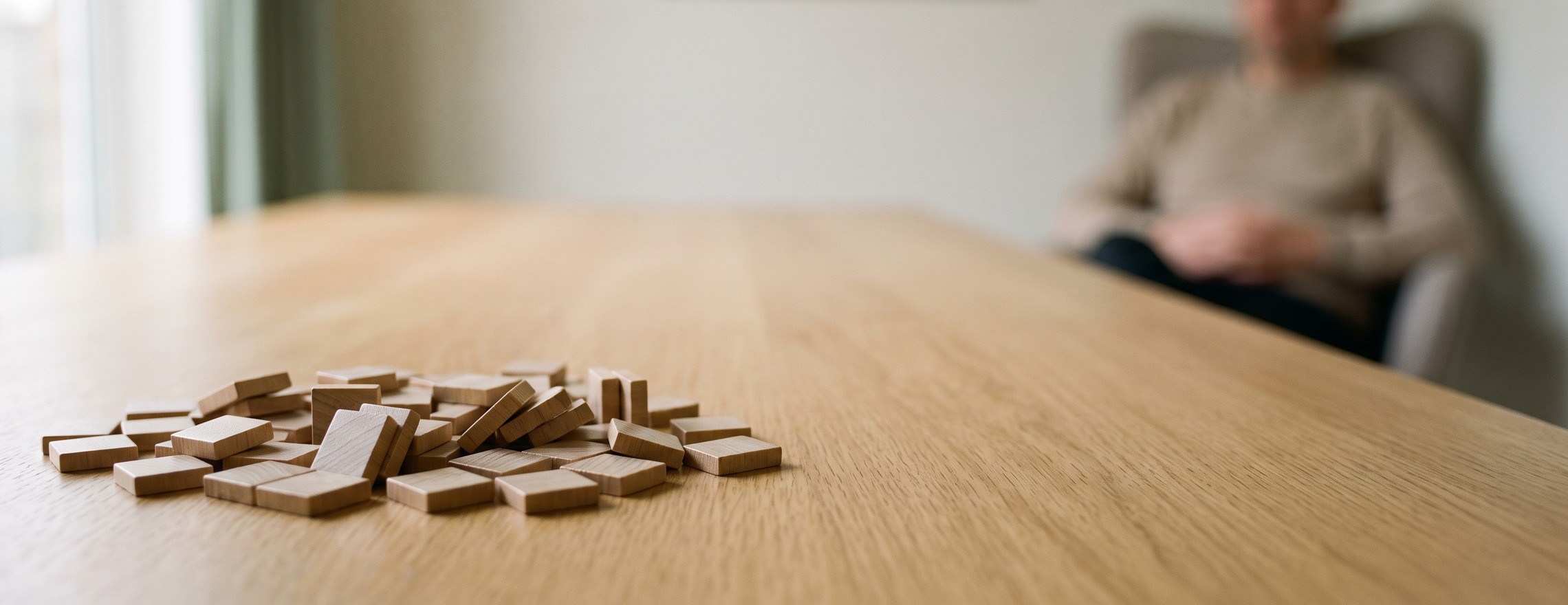 A scatter of blank wooden letter tiles on a table, with a person sitting further back out of focus