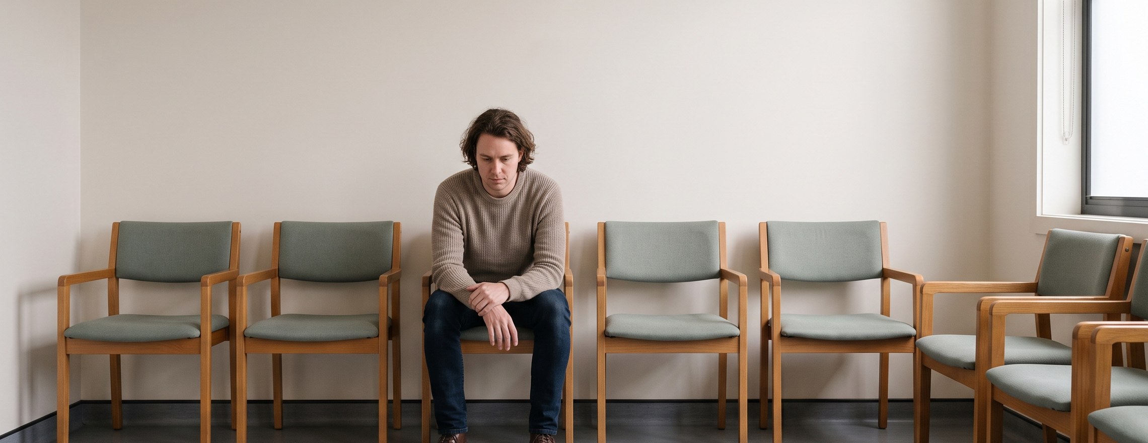 A person sitting alone in a row of empty chairs in a quiet clinic waiting area