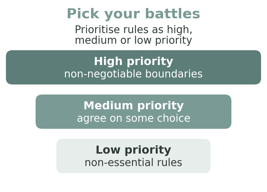 Diagram: prioritise rules as high priority non-negotiable boundaries, medium priority with some choice, and low priority non-essential rules