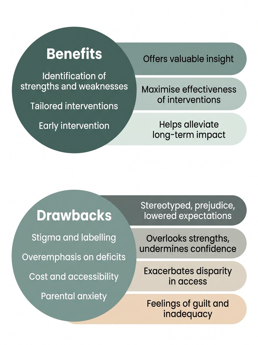Diagram comparing the benefits of assessing a child with the drawbacks, each with its own explanation