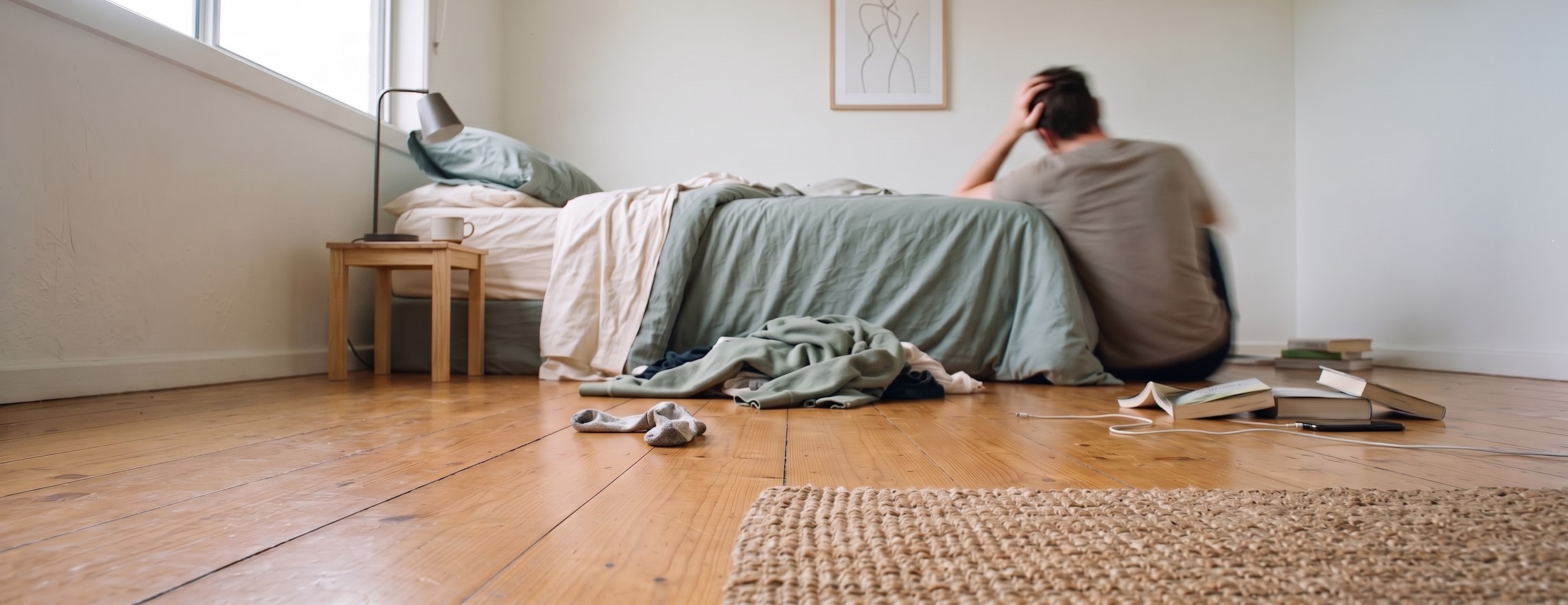 A person sitting on the bedroom floor with their back against the bed, one hand at their head, seen from behind and out of focus, with headphones and clothes on the floorboards
