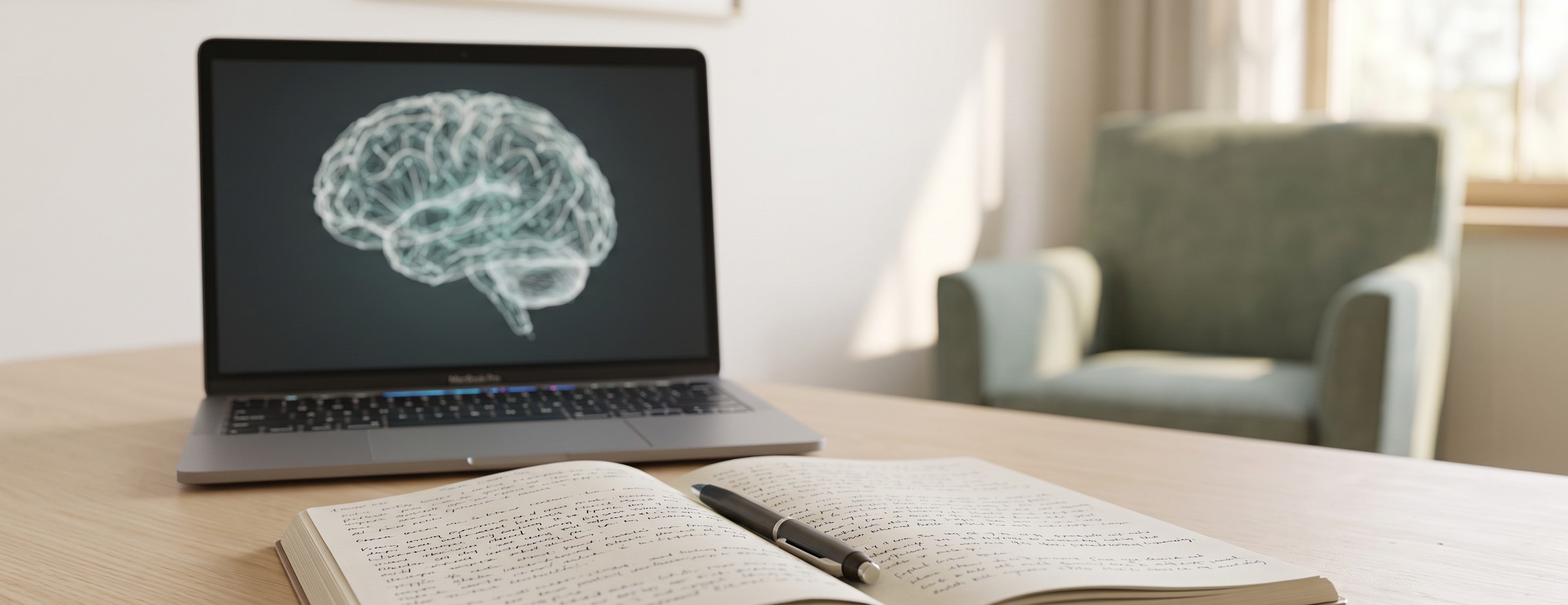 An open handwritten notebook on a desk, with a laptop showing an illustration of a brain and an empty armchair behind