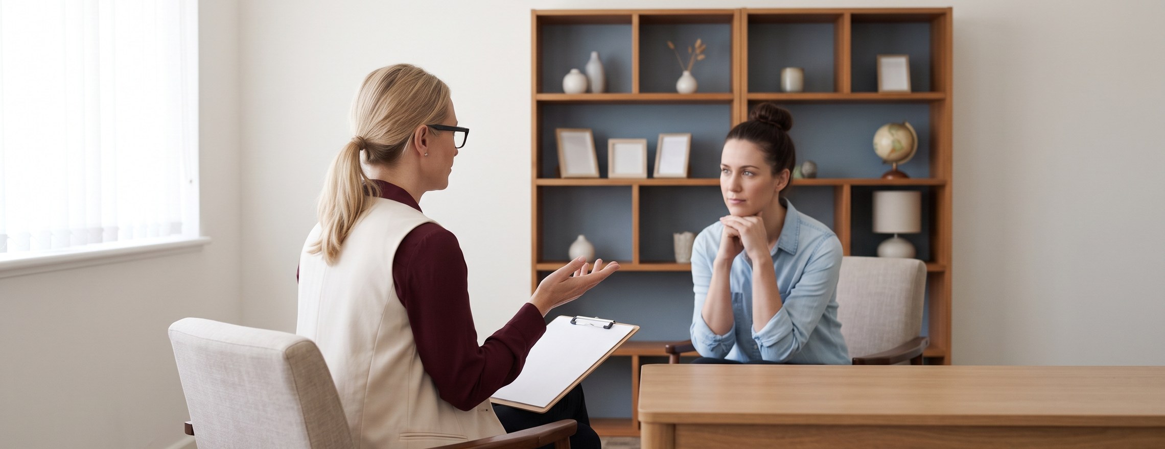 A psychologist seen from behind in a calm consulting room, talking with a client who listens attentively