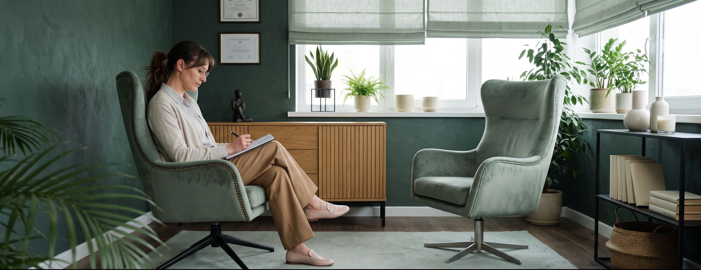 A psychologist sitting in a sage green armchair writing notes in a calm consulting room, with a second empty armchair facing her