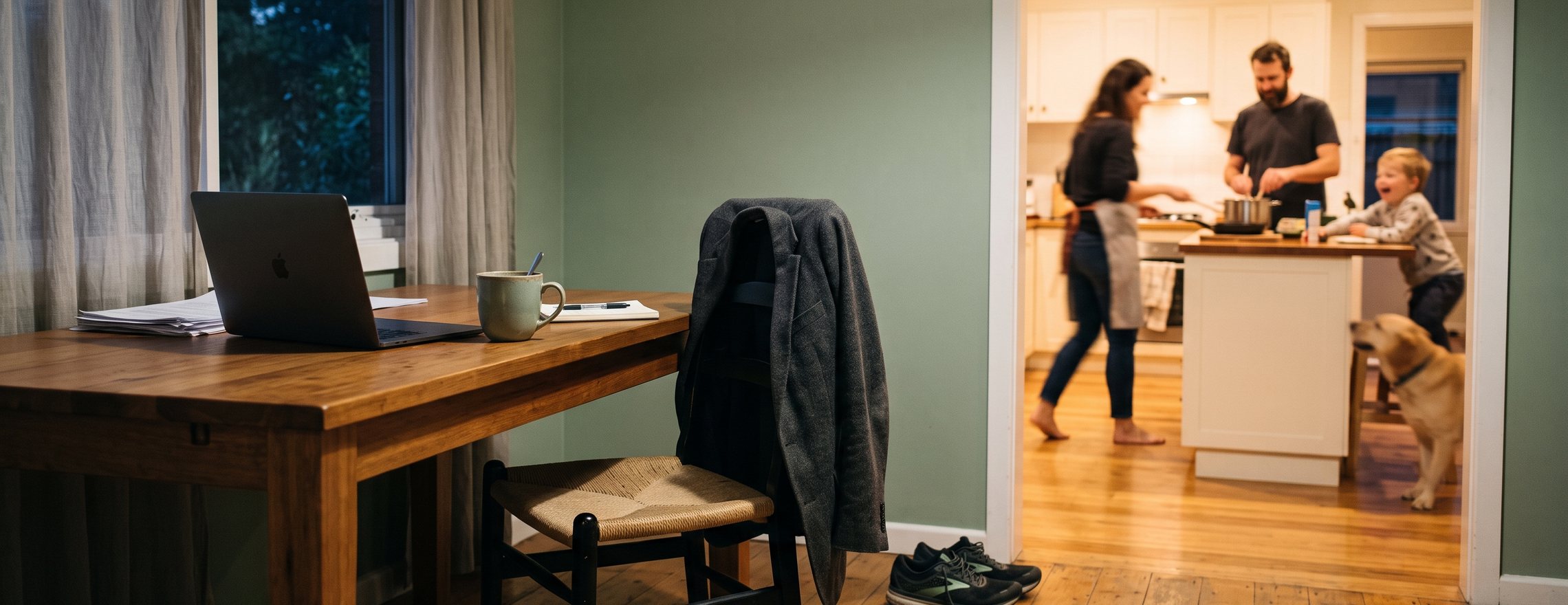 A home desk at dusk with a closed laptop, a mug and running shoes on the floor, and a family cooking together in the lit kitchen beyond the doorway