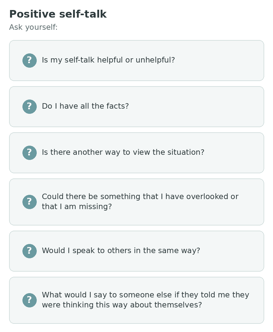 Six questions to ask your self-talk, from whether it is helpful or unhelpful to what you would say to someone else thinking this way about themselves