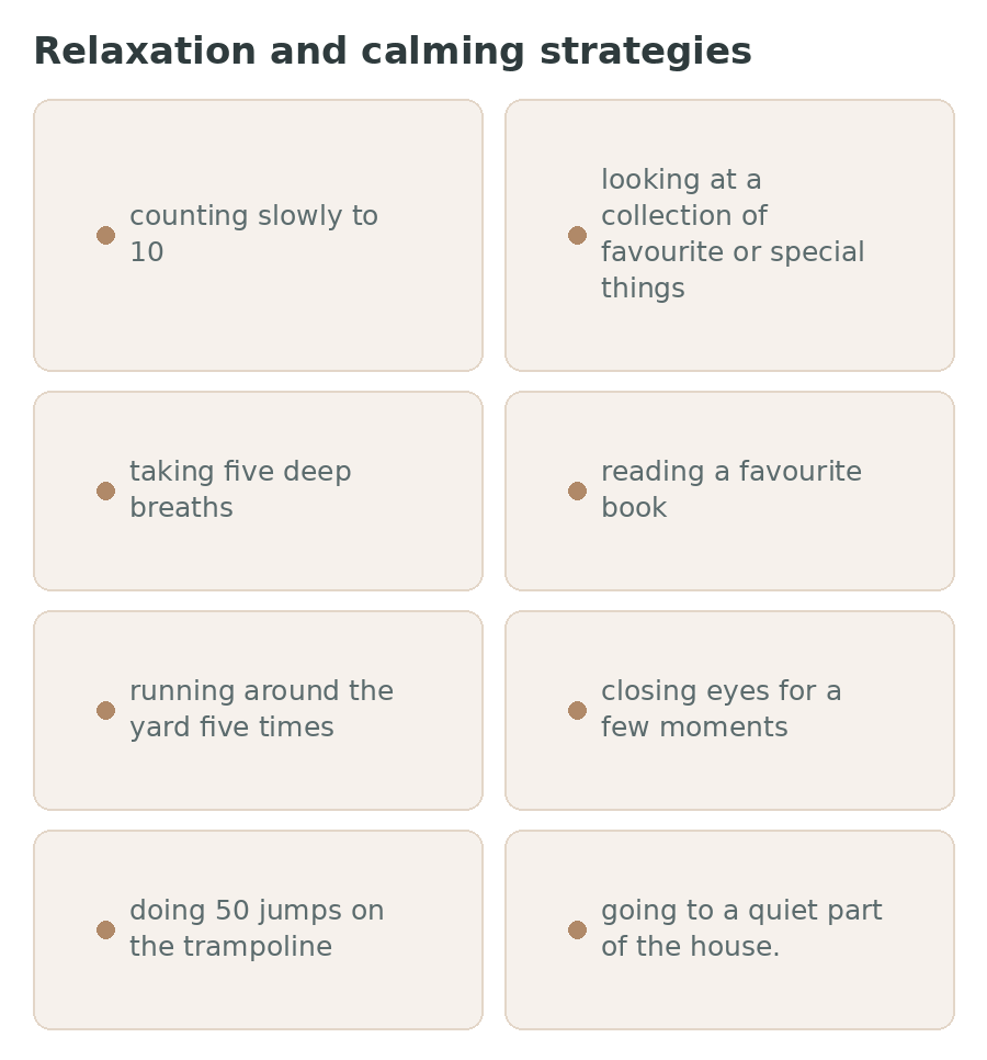 Eight relaxation and calming strategies, from counting slowly to ten and taking five deep breaths to going to a quiet part of the house