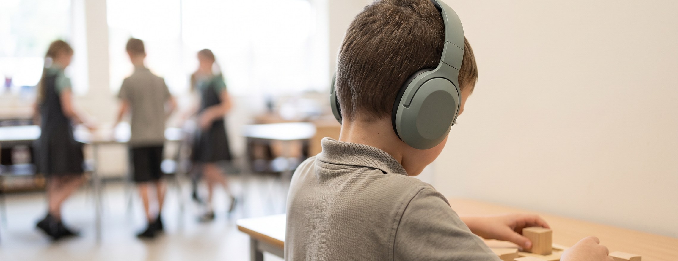 A primary school child wearing noise-cancelling headphones, working quietly with wooden blocks while the rest of the classroom moves around behind them