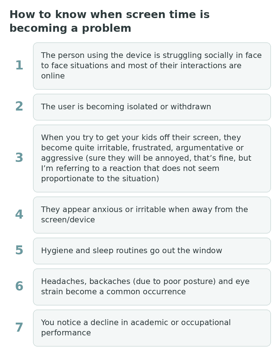 Seven signs that screen time is becoming a problem, from struggling socially face to face and becoming withdrawn to a decline in academic or occupational performance