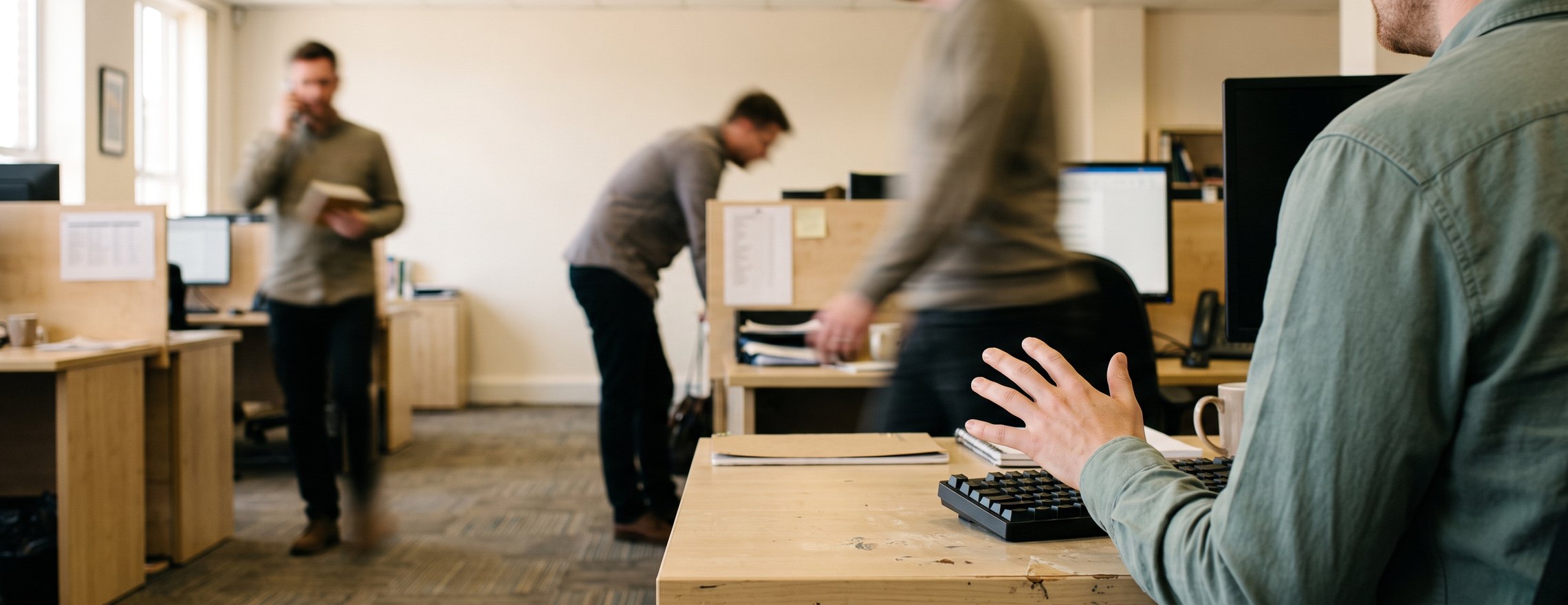 An office where one person pauses at their keyboard while colleagues move past out of focus