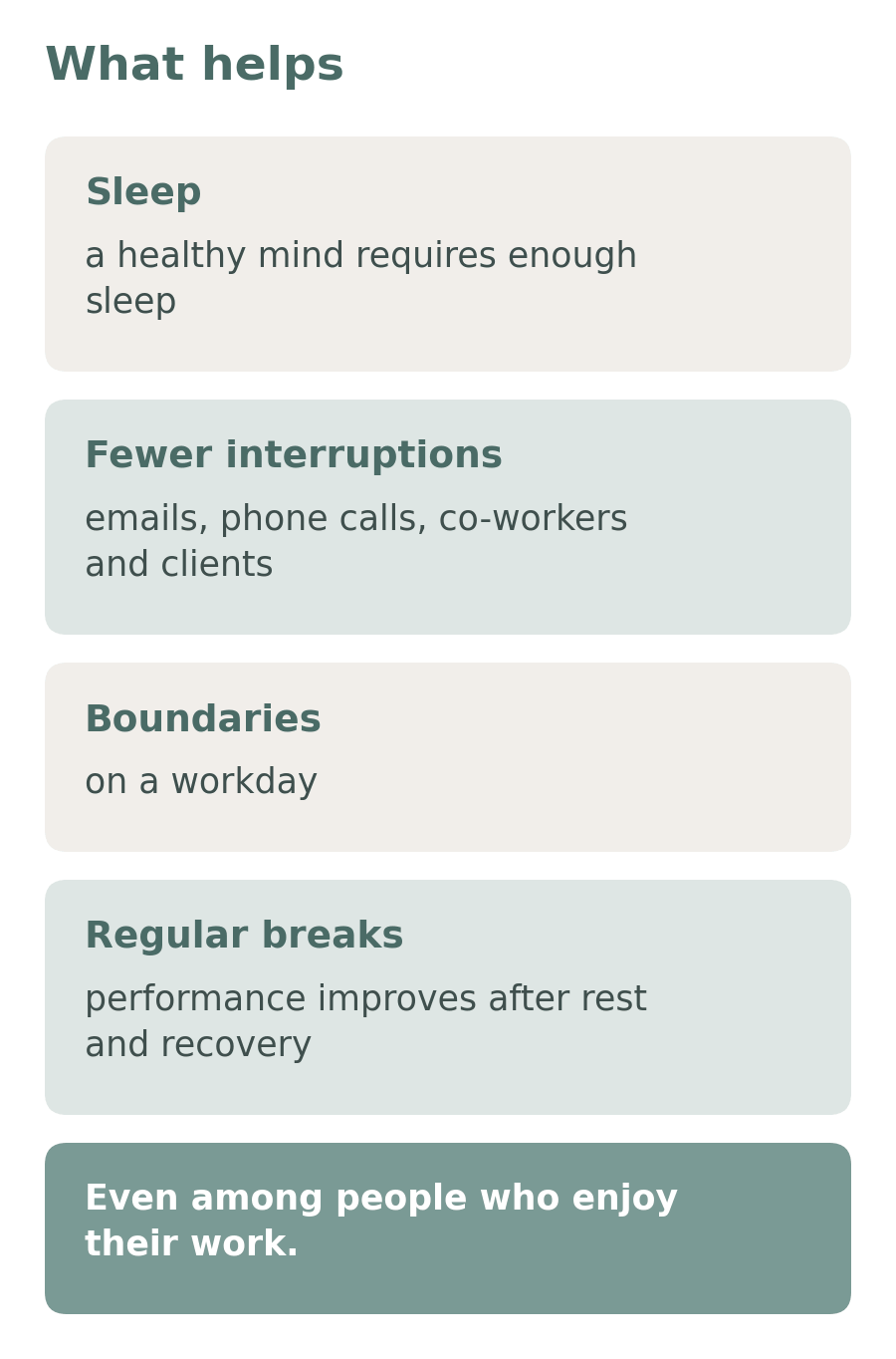 Diagram with four things that help with workplace stress: sleep, fewer interruptions, boundaries and regular breaks