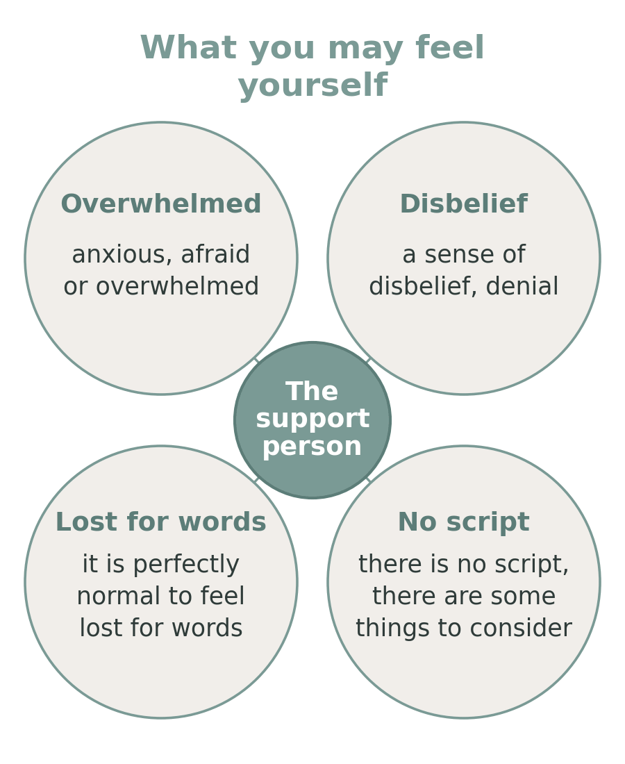 Four circles around a centre labelled the support person: overwhelmed, disbelief, lost for words and no script