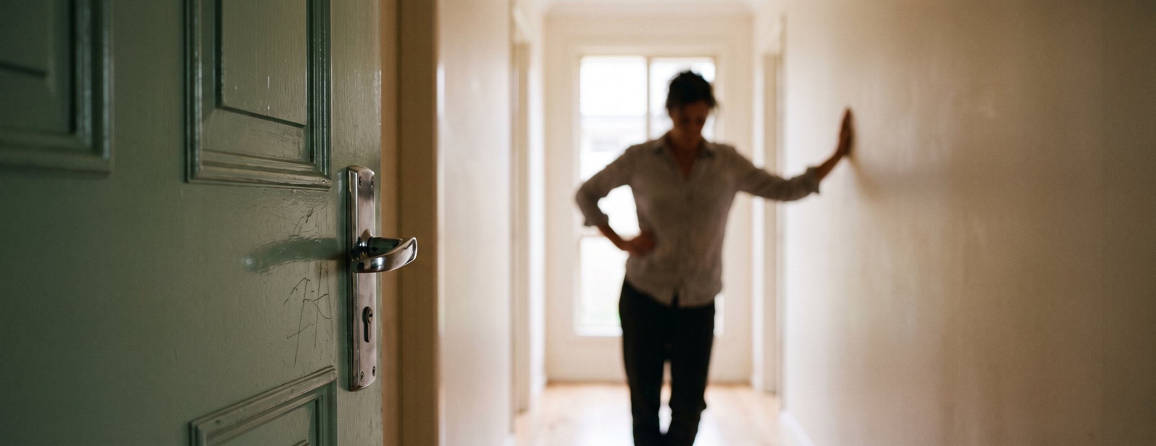 A hallway with a half-open door in the foreground and a person standing further down, out of focus, with one hand against the wall