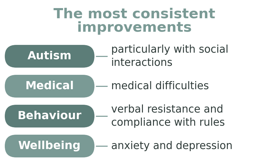 Diagram: the most consistent improvements, in autism with social interactions, medical difficulties, behaviour and emotional wellbeing