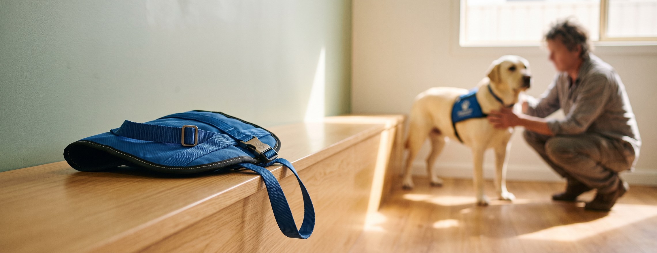 A folded blue therapy dog vest on a sunlit bench, with a Labrador in a matching vest greeting a person out of focus behind