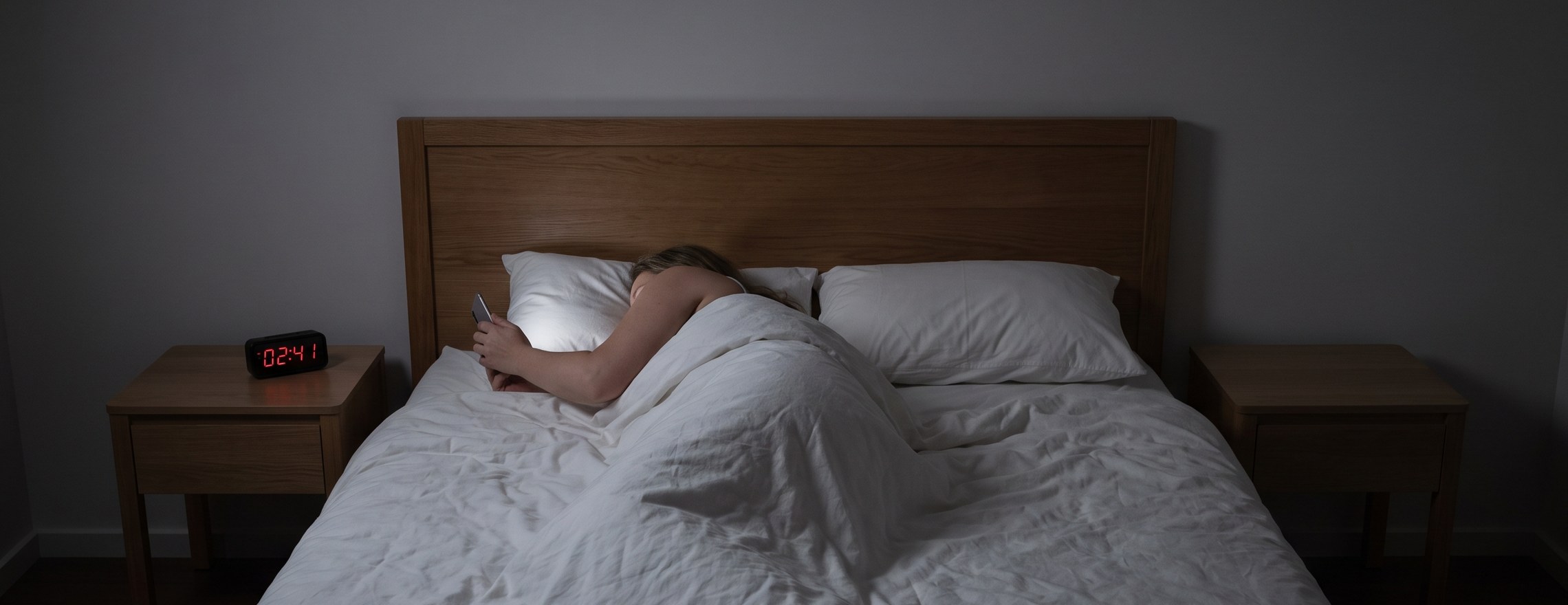 A darkened bedroom at night seen from the foot of the bed, one person lying awake looking at a phone, a bedside clock reading 02:41