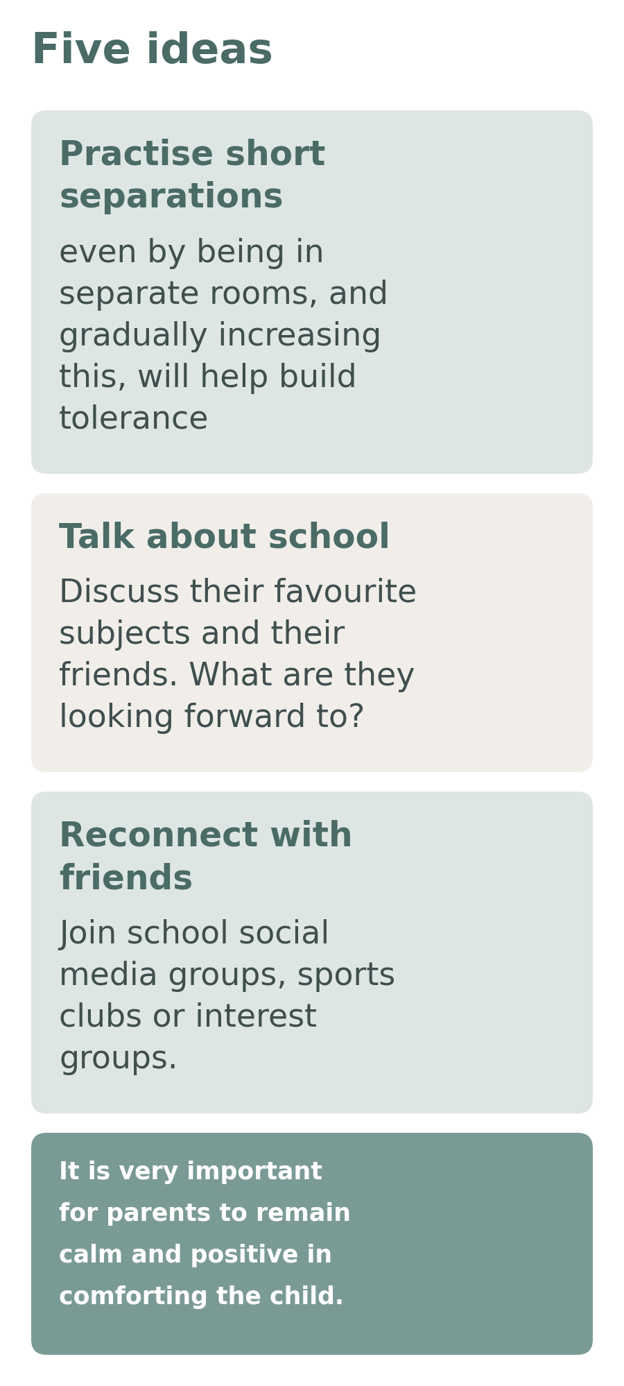 Diagram with three ideas for supporting a child with school anxiety: practise short separations, talk about school and reconnect with friends