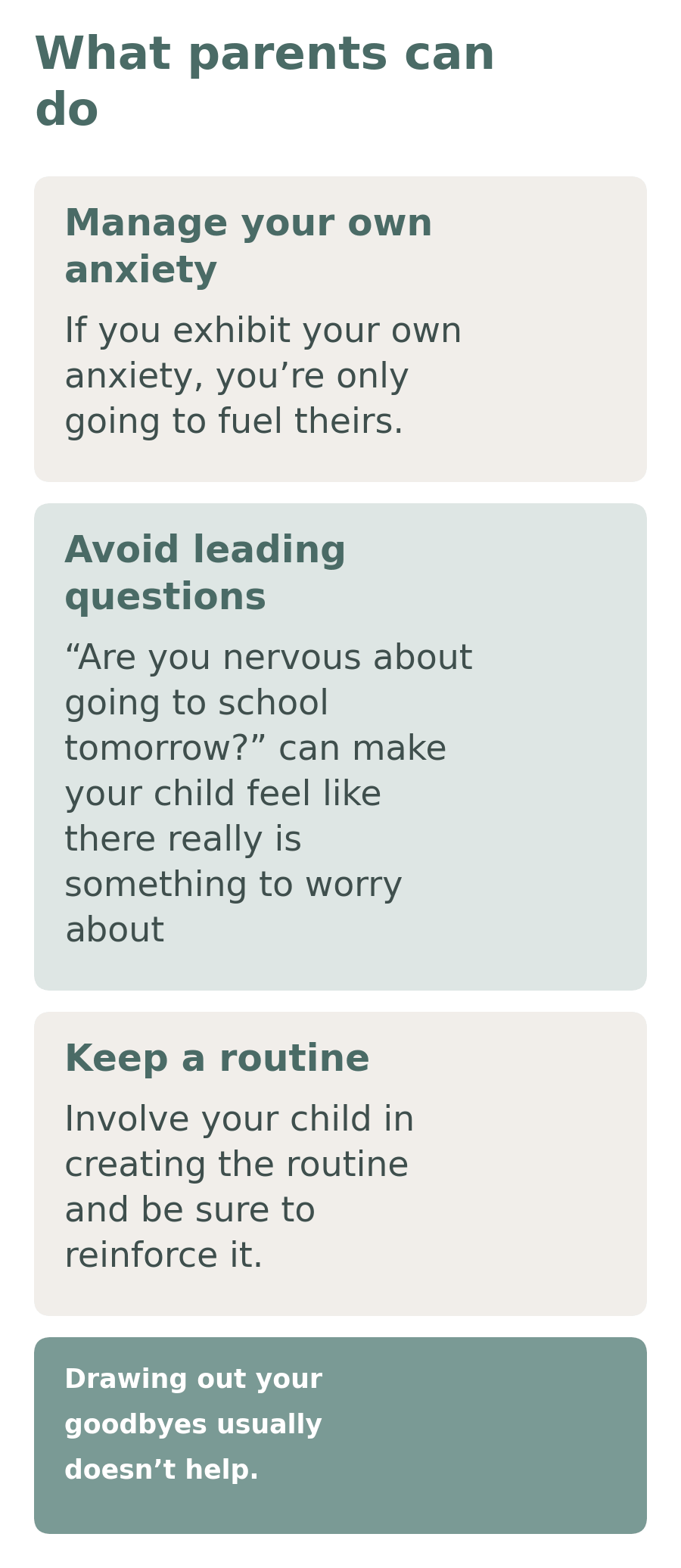 Diagram with three things parents can do: manage your own anxiety, avoid leading questions and keep a routine