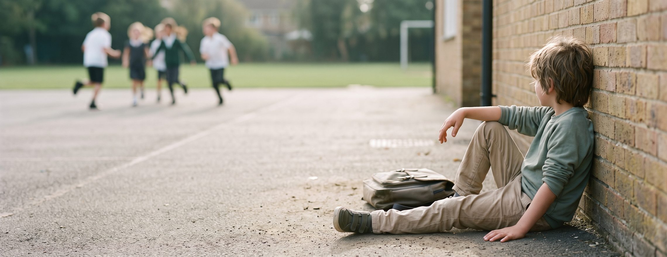A child sitting against a brick wall in a school playground, watching other children play in the distance