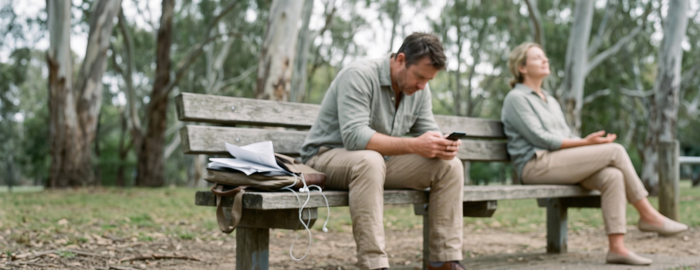 A couple on a park bench under gum trees: one hunched over a phone with papers spilling from a bag, the other sitting back with their head tilted up to the canopy