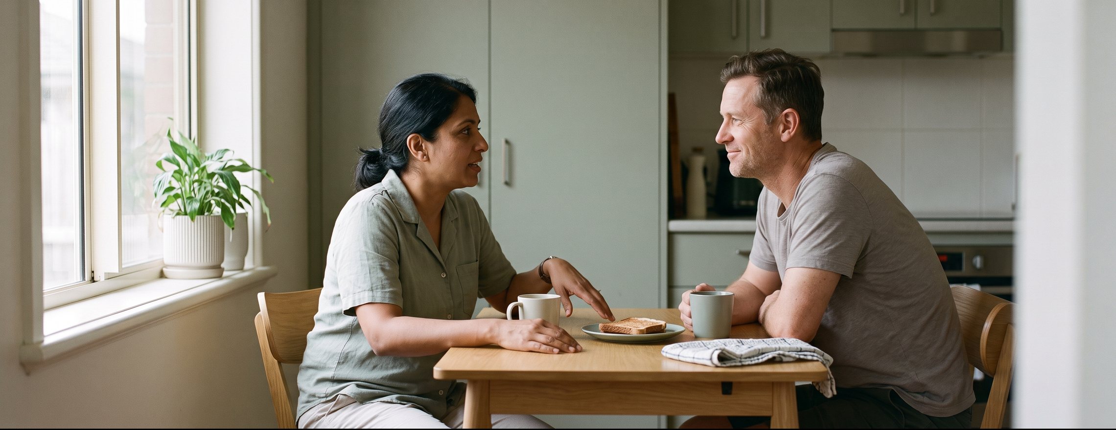 A couple sitting at a kitchen table on a Saturday morning, talking over coffee in the daylight from the window