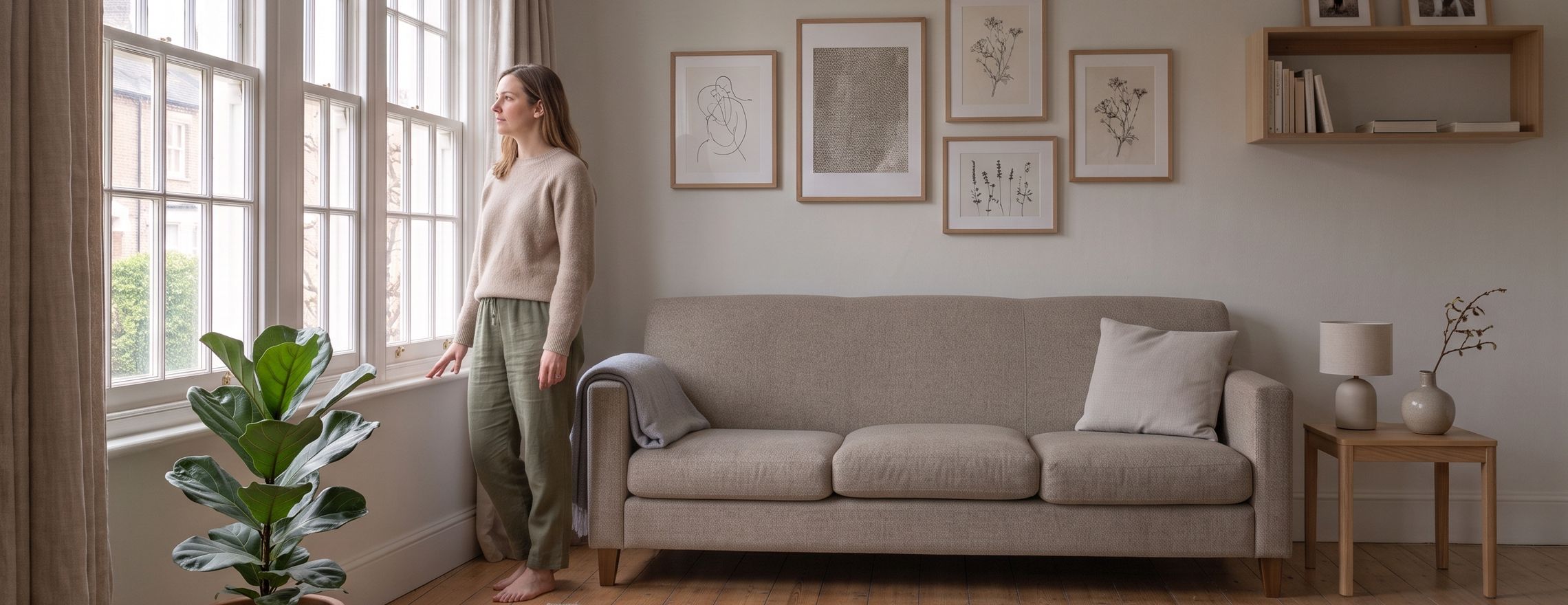 A quiet suburban living room in soft morning light, with a person standing by the window