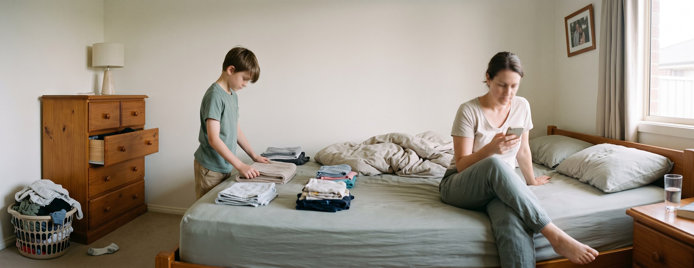 A child folding washing on a bed in a bedroom while an adult sits further along the same bed looking at a phone