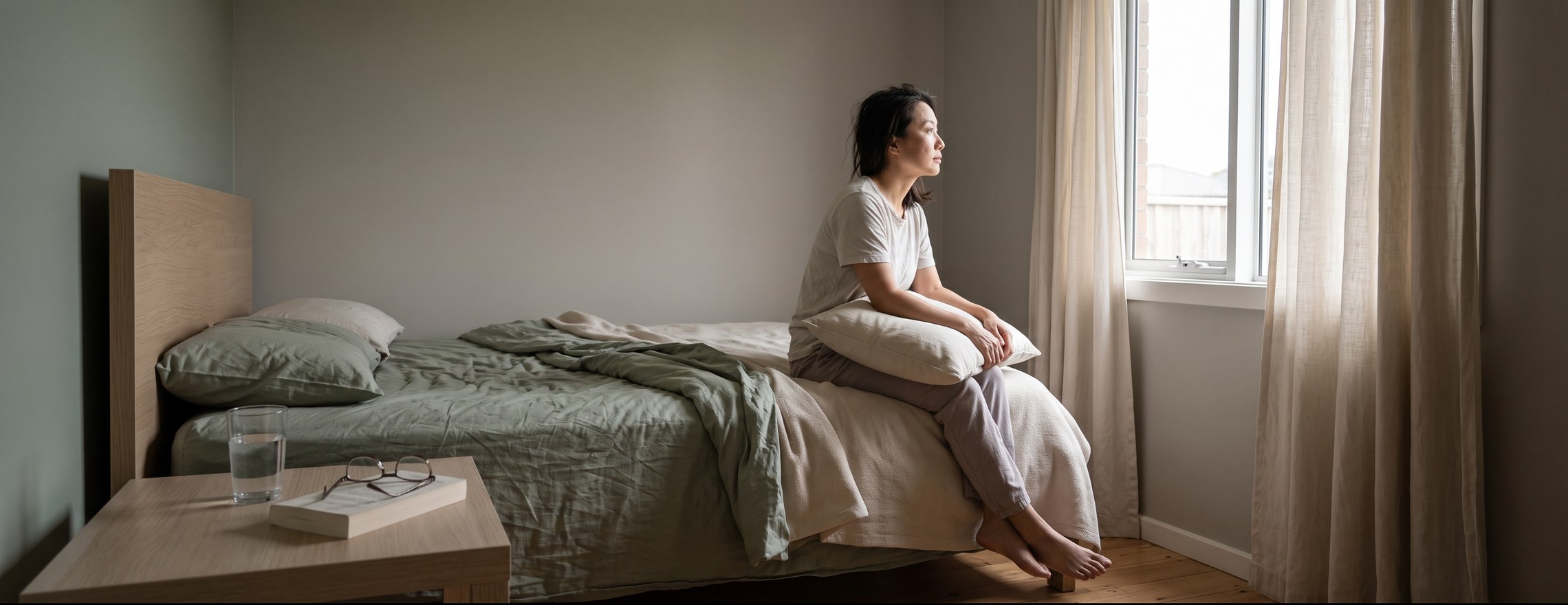 A woman sitting on the edge of an unmade bed in a quiet bedroom, looking out of the window, with a glass of water, reading glasses and a book on the bedside table