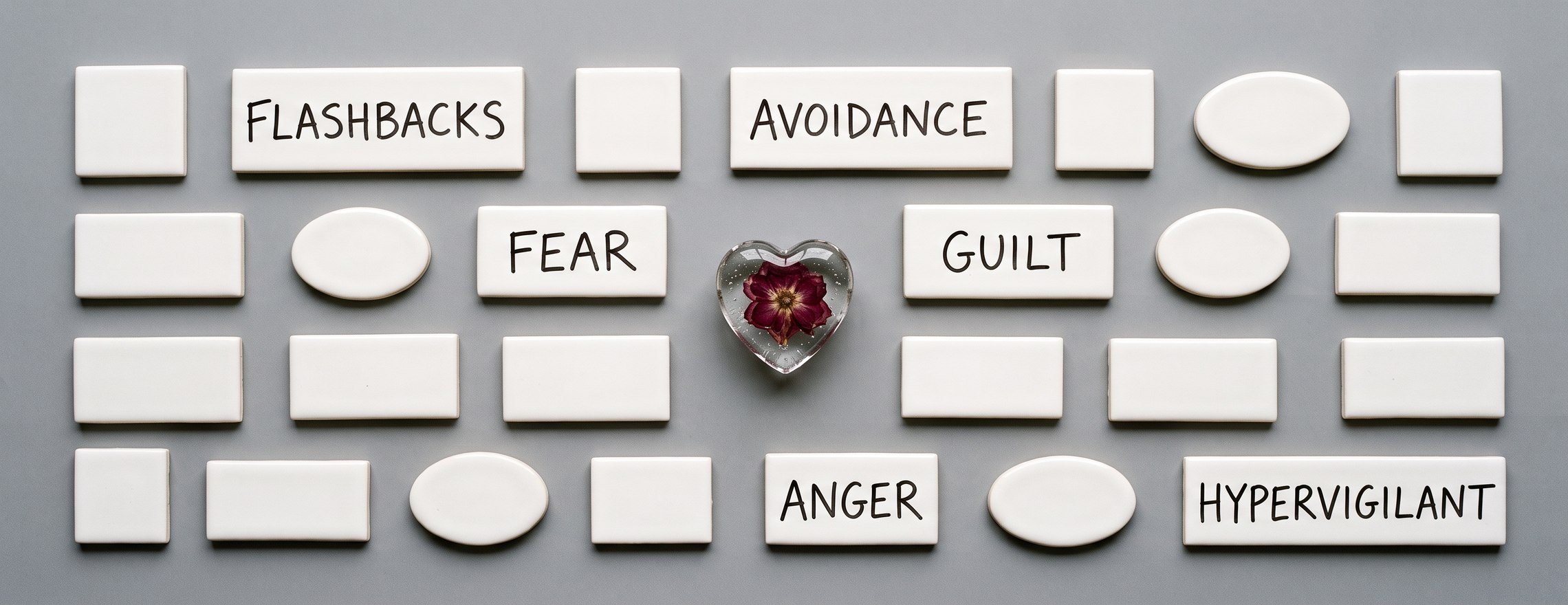 White ceramic tiles laid out on grey, six of them labelled flashbacks, avoidance, fear, guilt, anger and hypervigilant, beside a heart shaped glass paperweight holding a dried red flower