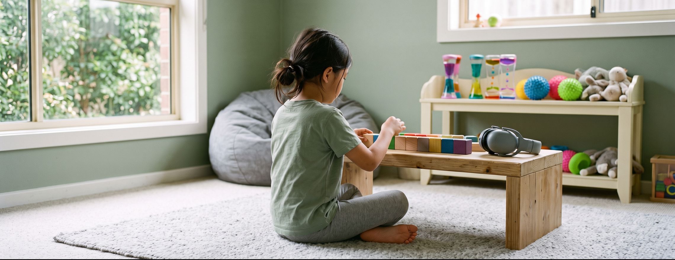 A child sitting on a rug in a calm therapy room, lining up wooden blocks on a low table, with noise-cancelling headphones beside them
