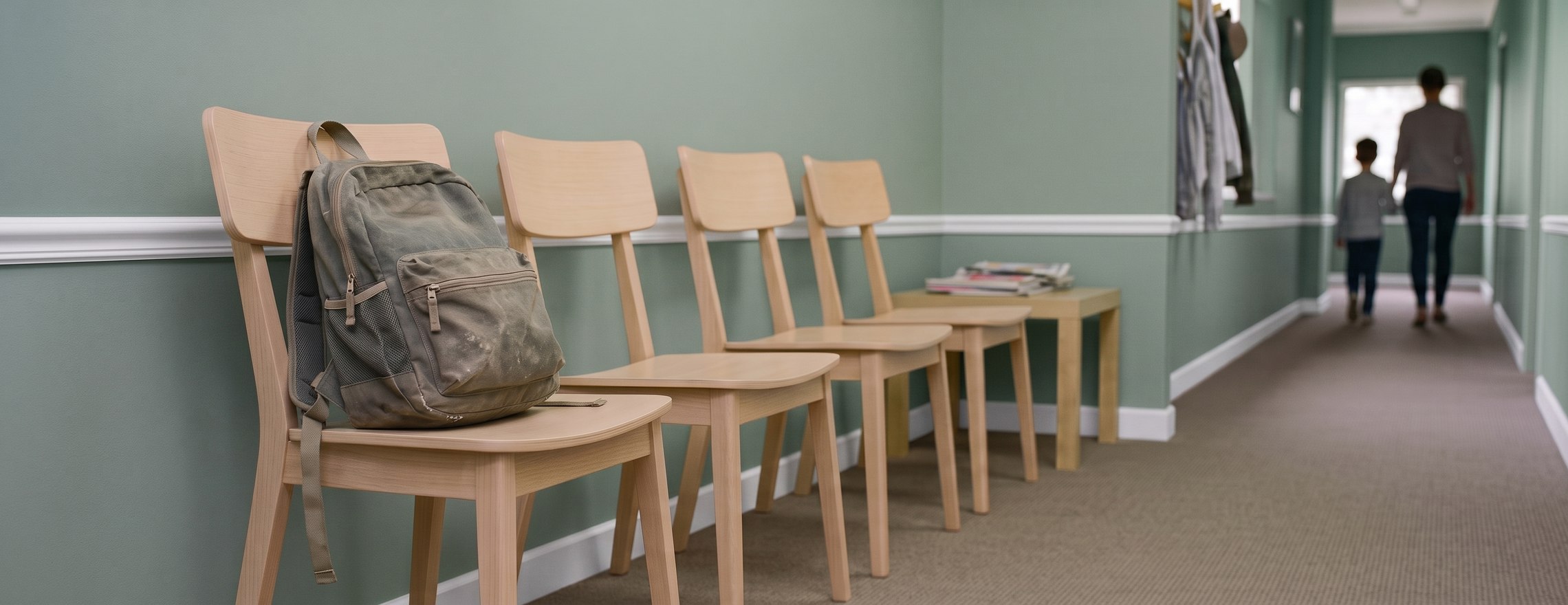 A child’s backpack left on a chair in the waiting area of a psychology practice, with an adult and a child walking away down the corridor, out of focus