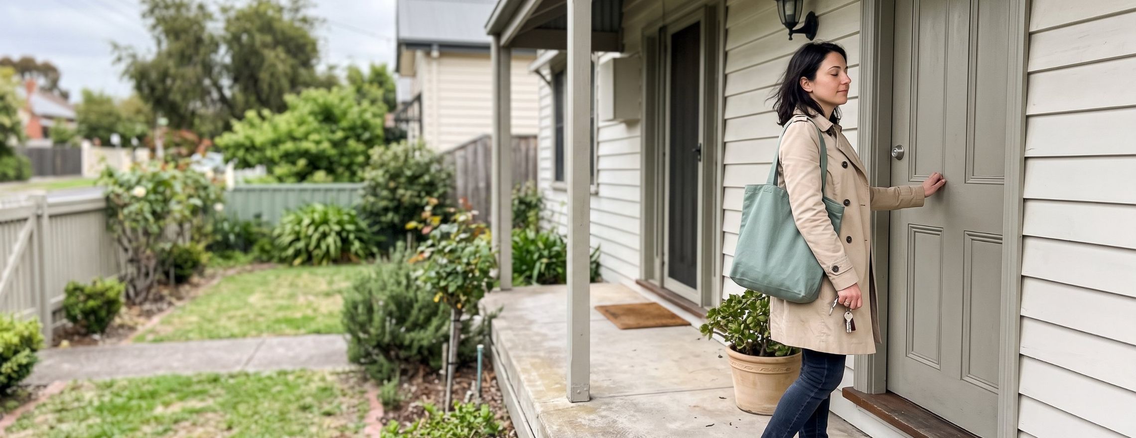 Woman pausing at her front door with her keys, eyes closed, taking a calm breath before heading out